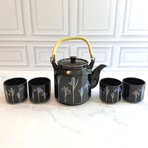 VTG Otagiri Japan Black Blue Iris Teapot‎ Rattan Handle w/4 Teacups Set